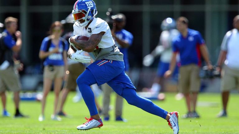 Giants wide receiver Odell Beckham Jr. runs after a catch during training camp at the Quest Diagnostics Training Center in East Rutherford, New Jersey, on Friday, July 31, 2015.