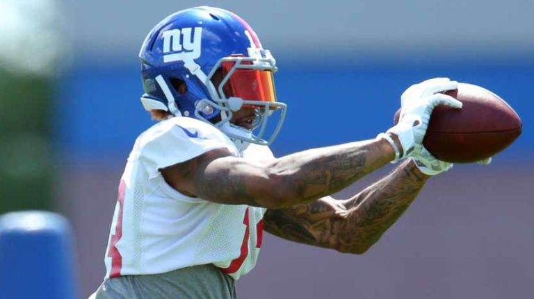 Giants wide receiver Odell Beckham Jr. catches a pass during training camp at the Quest Diagnostics Training Center in East Rutherford, New Jersey, on Friday, July 31, 2015.