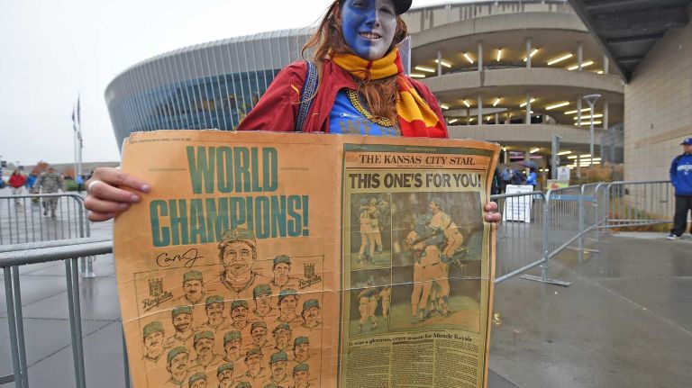 World Series Game 1: Mets vs. Royals 138 Julie Fraley from Anaheim, CA. arrives with her Kansas City Star from 1985 as she is going to cheer for her Royals during Game 1 of the World Series against the Kansas City Royals at Kauffman Stadium on Tuesday, Oct. 27, 2015.