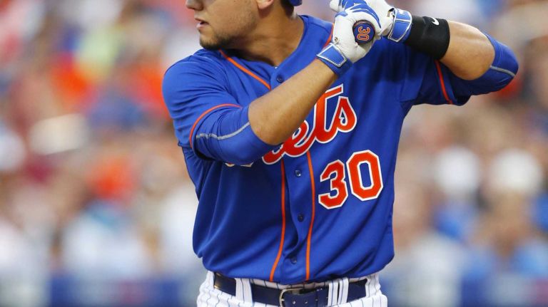 Michael Conforto of the Mets stands at bat in the second inning against the Los Angeles Dodgers at Citi Field on Friday, July 24, 2015.