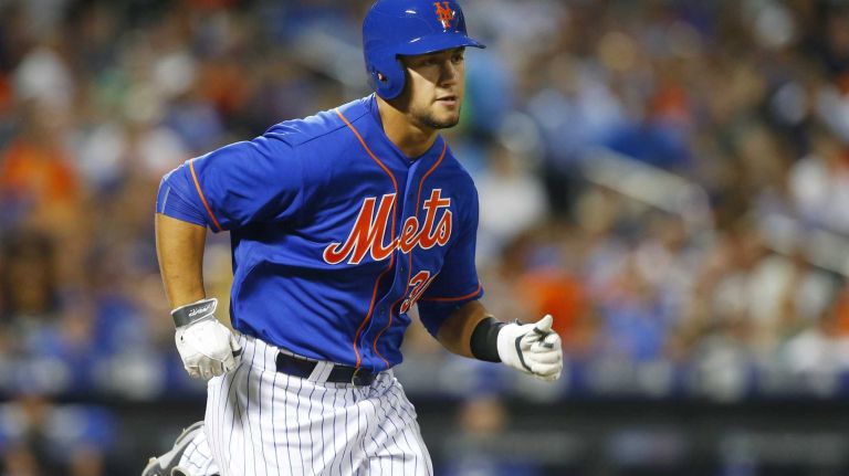 Michael Conforto of the Mets runs out his fifth-inning RBI groundout against the Los Angeles Dodgers at Citi Field on Friday, July 24, 2015.