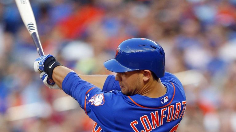 Michael Conforto of the Mets grounds out to end the second inning during his first MLB at-bat against the Los Angeles Dodgers at Citi Field on Friday, July 24, 2015.
