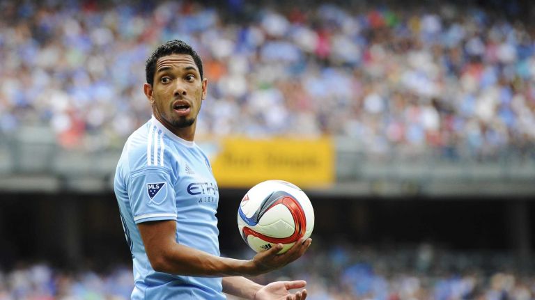 New York City FC midfielder Javier Calle (30) prepares for a throw in in an MLS game against the Orlando City FC at Yankee Stadium on Sunday, July 26, 2015.