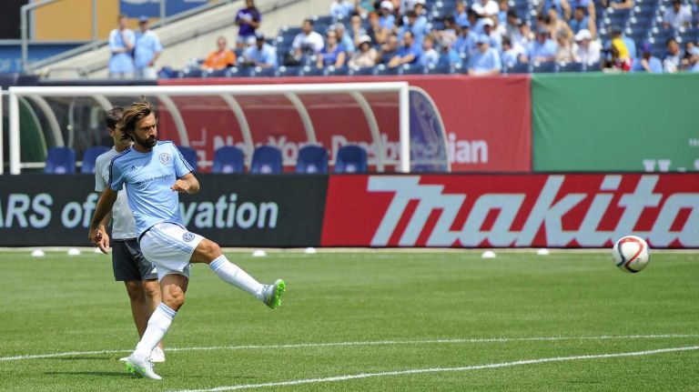 New York City FC midfielder Andrea Pirlo (21) warms up before an MLS game against the Orlando City FC at Yankee Stadium on Sunday, July 26, 2015.