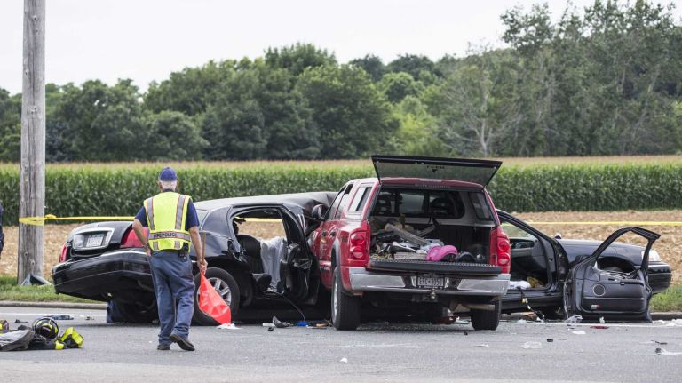 The scene on Route 48 and Depot Road in Cutchogue, where a crash between a limousine and a pickup truck resulted in multiple fatalities on Saturday, July 18, 2015.