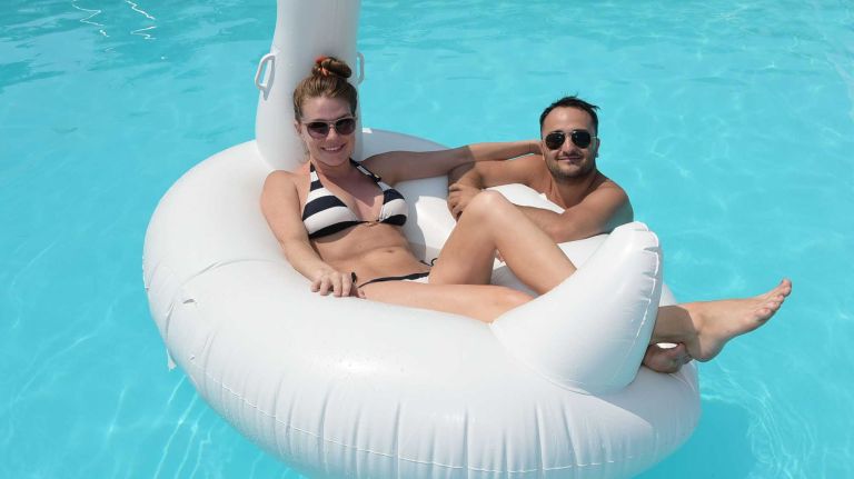 Jacqueline Rowan and Essie Khosravi enjoying the pool at the Jazz and Bossa Nova Brunch with Marcello and Ludmilla at Sole East on July 5, 2015 in Montauk. photo by Rob Rich/SocietyAllure.com