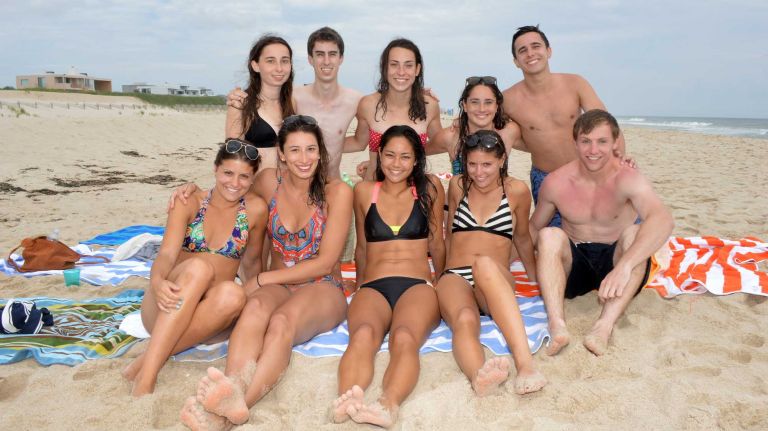 From left to right, front row, Anna Kikut, Erica Hendershot, Kristel Estrella, Sara Kikut and Ryan Kelly, back row, Caroline Wagner, Cameron Chapman, Elizabeth Markowitz and Edward Wagner all hang out at Ocean Road Beach in Bridgehampton, Saturday July 4th, 2015.