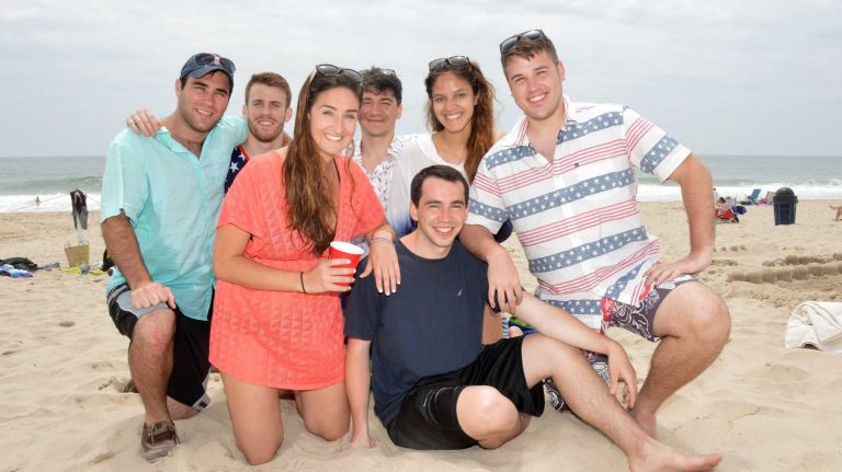 Ben MacGlashin, Paul Schneid, Brittany Johnston, Vince LaSalle, Matt Wagner, Monica Mangra and John Wilson at Cooper's Beach in Southampton, Saturday, July 4, 2015.