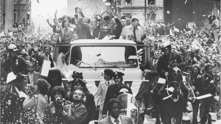 New York Yankees get a ticker tape parade down the Canyon of Heroes on Broadway in lower Manhattan in honor of their World Series win. (Oct. 19, 1978)