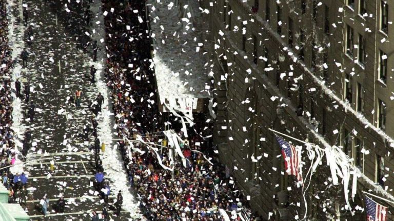 Aerial Photos of the ticker tape parade for the World Series Champion NY Yankees up Broadway to City Hall. (Oct. 29, 1996)
