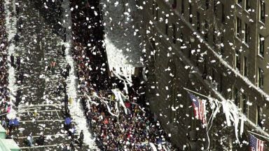 Aerial Photos of the ticker tape parade for the World Series Champion NY Yankees up Broadway to City Hall. (Oct. 29, 1996)