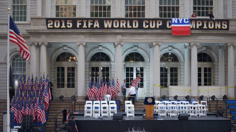 Flags are placed at City Hall Plaza where members of the World Cup champion U.S. Women's Soccer Team were to be honored in Manhattan on Friday, July 10, 2015.