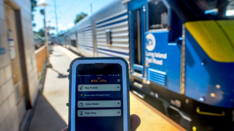 Apple Pay and Masterpass have been added as payment options in the MTA's eTix app for mobile ticketing on the LIRR and Metro-North. Above, the eTix app shown at the Huntington LIRR station on Aug. 22, 2016.