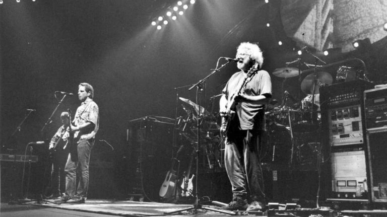 Bob Weir, left, and Jerry Garcia of the Grateful Dead perform at Nassau Coliseum in Uniondale on March 23, 1994. 