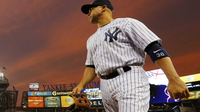 Yankees vs. Phillies 47 Carlos Beltran #36 of the New York Yankees walks off the field after the first inning against the Philadelphia Phillies at Yankee Stadium on Tuesday, June 23, 2015.