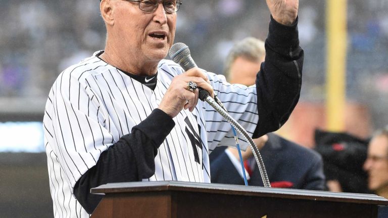Former New York Yankees pitcher and pitching coach Mel Stottlemyre speaks to the crowd during the 69th Old-Timers' Day at Yankee Stadium before a baseball game between the Yankees and the Detroit Tigers on Saturday, June 20, 2015.