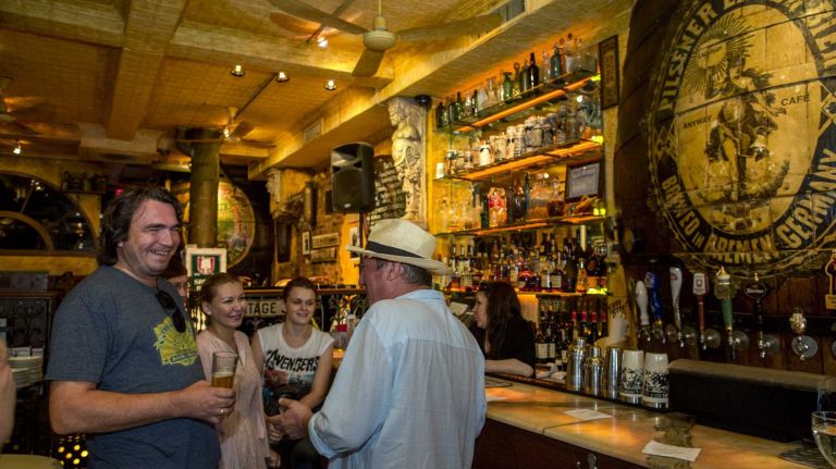 Sergey A. Zaytsev, left, a visitor from Russia meets his New York friends at Anyway Cafe, a french russian venue on Oriental Boulevard at Manhattan Beach, June 8, 2015. ?By Yeong-Ung Yang