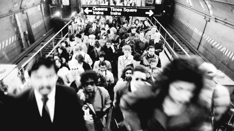 Passengers exiting the subway. (Oct. 31, 1991)