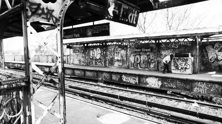 A graffiti-laden subway station on Dean Street near Franklin Street in Brooklyn, which serves the Franklin Street shuttle. (May 10, 1993)