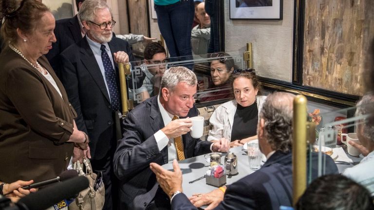 Just days after a bomb exploded in Chelsea, injuring 29 people, Mayor Bill de Blasio meets with patrons at the Malibu Diner on W. 23rd St. on Sept. 20, 2016.
