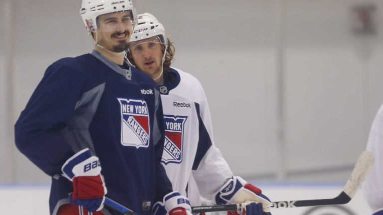 Carl Hagelin and Chris Kreider of the Rangers look on during practice on Thursday, May 28, 2015 at the MSG Training Center in Greenburgh, N.Y.