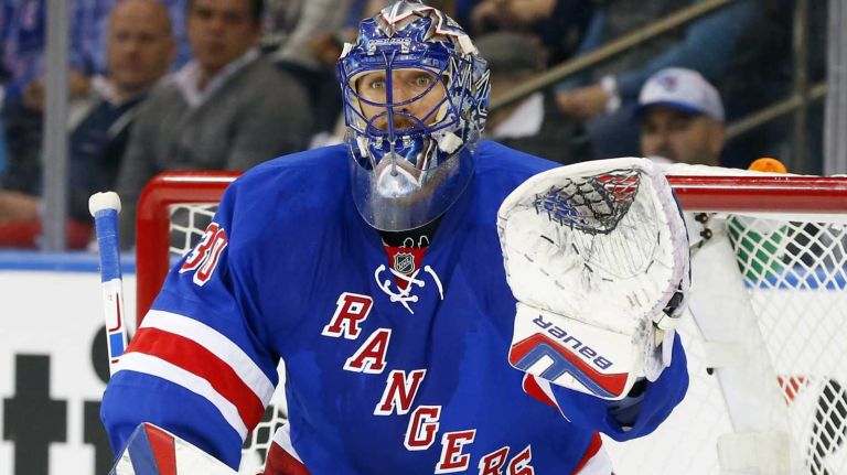 Henrik Lundqvist of the New York Rangers defends his net in the second period against the Pittsburgh Penguins during Game 1 of the Eastern Conference Quarterfinals at Madison Square Garden on Thursday, April 16, 2015.