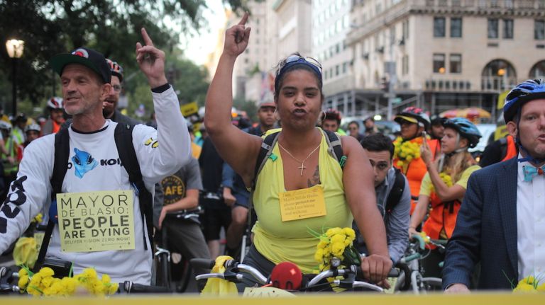 Bikers in NYC called for Mayor de Blasio to recommit to Vision Zero, an initiative to make the streets safer. 