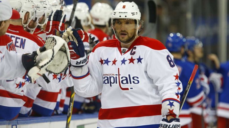 Rangers vs. Capitals: Game 2 of round 2 of Stanley Cup playoffs 28 Alex Ovechkin #8 of the Washington Capitals celebrates his third-period goal against the New York Rangers during Game 2 of the Eastern Conference semifinals at Madison Square Garden on Saturday, May 2, 2015.