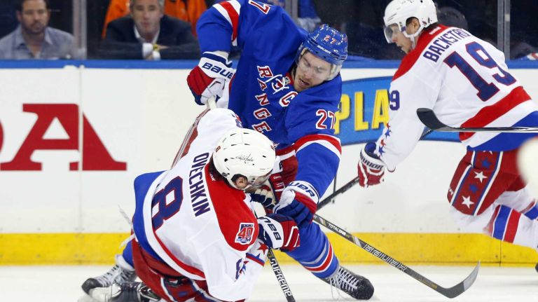 Ryan McDonagh #27 of the New York Rangers defends against Alex Ovechkin #8 of the Washington Capitals in the second period during Game 1 of the Eastern Conference semifinals at Madison Square Garden on Thursday, April 30, 2015.