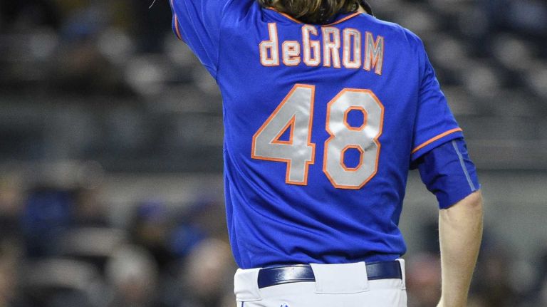 New York Mets starting pitcher Jacob deGrom reacts on the mound against the New York Yankees in a baseball game at Yankee Stadium on Friday, April 24, 2015.