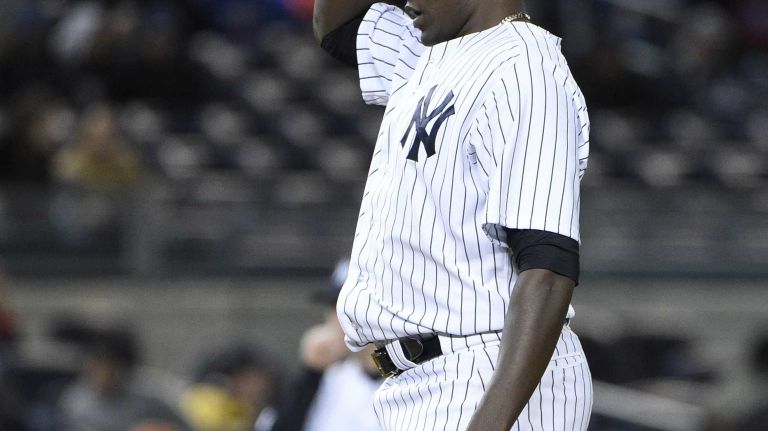 New York Yankees starting pitcher Michael Pineda stands on the mound against the New York Mets in a baseball game at Yankee Stadium on Friday, April 24, 2015.