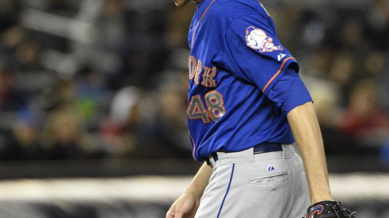 New York Mets starting pitcher Jacob deGrom reacts on the mound against the New York Yankees in a baseball game at Yankee Stadium on Friday, April 24, 2015.