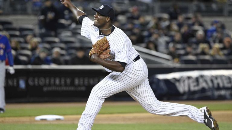 New York Yankees starting pitcher Michael Pineda delivers against the New York Mets in a baseball game at Yankee Stadium on Friday, April 24, 2015.