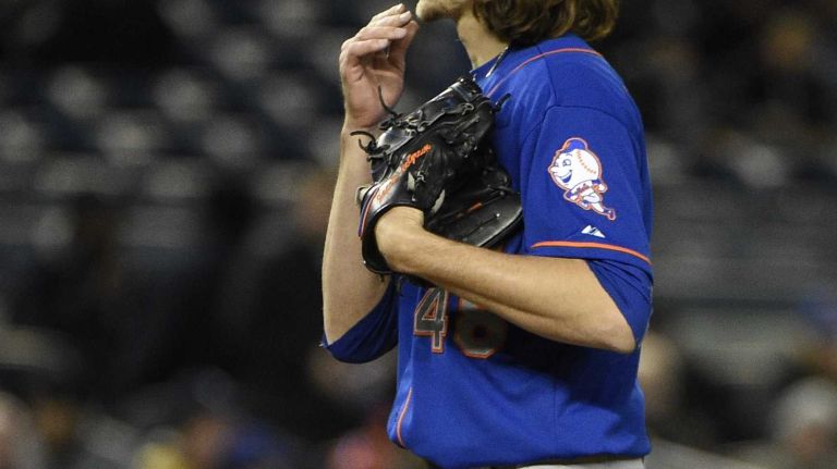 New York Mets starting pitcher Jacob deGrom stands on the mound in the third inning against the New York Yankees in a baseball game at Yankee Stadium on Friday, April 24, 2015.
