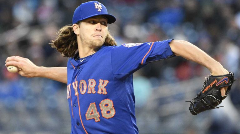 New York Mets starting pitcher Jacob deGrom delivers in the first inning against the New York Yankees in a baseball game at Yankee Stadium on Friday, April 24, 2015.