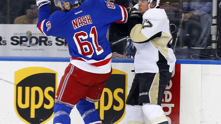 Rick Nash of the New York Rangers collides with Sidney Crosby of the Pittsburgh Penguins in the first period during Game 5 of the Eastern Conference Quarterfinals at Madison Square Garden on Friday, April 24, 2015.