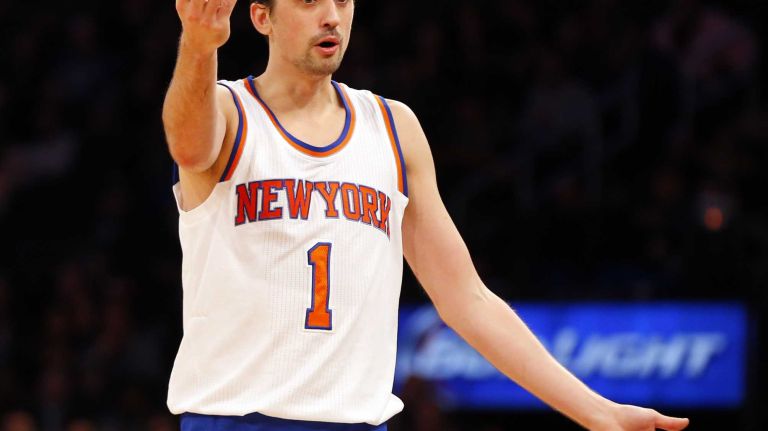 Alexey Shved of the New York Knicks reacts after a play in the second half against the Minnesota Timberwolves at Madison Square Garden on Thursday, March 19, 2015.