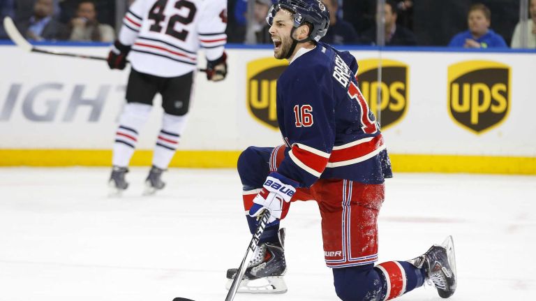 Derick Brassard of the New York Rangers reacts late in the third period after drawing a penalty against the Chicago Blackhawks at Madison Square Garden on Wednesday, March 18, 2015.
