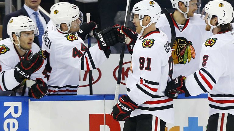 Brad Richards of the Chicago Blackhawks celebrates his third-period goal against the New York Rangers at Madison Square Garden on Wednesday, March 18, 2015.