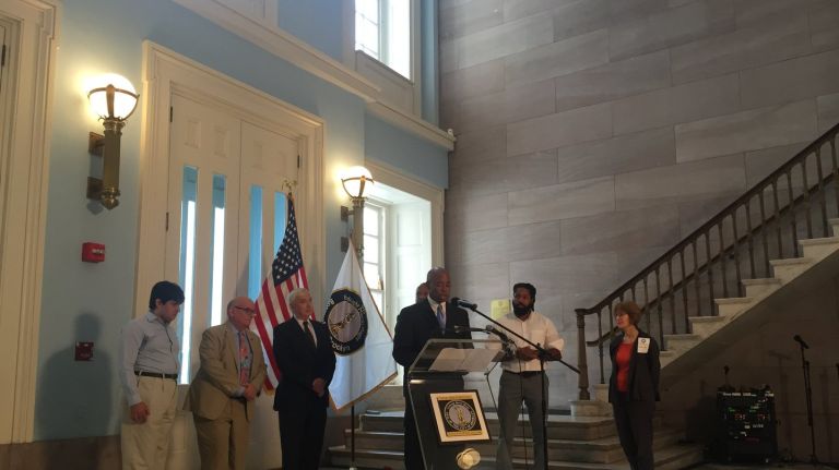 Brooklyn Borough President Eric Adams introduces a smart-gun design competition  on Tuesday, Aug. 16, 2016,   to develop technologies for  safer  firearms.