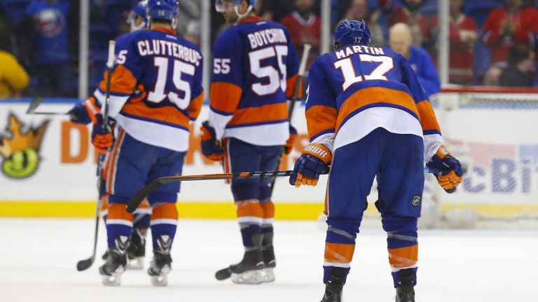 The New York Islanders skate off the ice after a loss against the Montreal Canadiens at Nassau Coliseum on Saturday, March 14, 2015 in Uniondale.