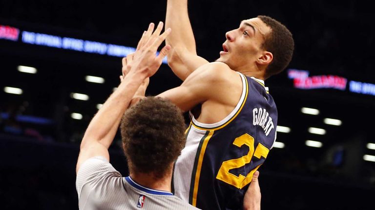 Brooklyn Nets vs. Utah Jazz 48 Rudy Gobert #27 of the Utah Jazz goes to the hoop against Brook Lopez #11 of the Brooklyn Nets at Barclays Center on Sunday, Mar. 8, 2015 in Brooklyn, New York.
