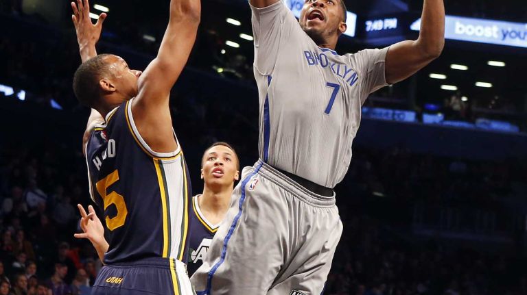 Brooklyn Nets vs. Utah Jazz 57 Joe Johnson #7 of the Brooklyn Nets puts up a shot for a basket in the second half against Rodney Hood #5 of the Utah Jazz at Barclays Center on Sunday, Mar. 8, 2015 in Brooklyn, New York.