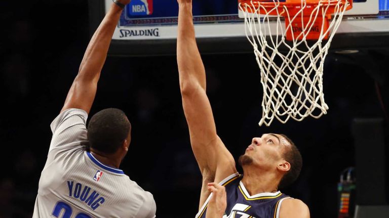 Brooklyn Nets vs. Utah Jazz 63 Thaddeus Young #30 of the Brooklyn Nets puts up a shot in the first half against Rudy Gobert #27 of the Utah Jazz at Barclays Center on Sunday, Mar. 8, 2015 in Brooklyn, New York.