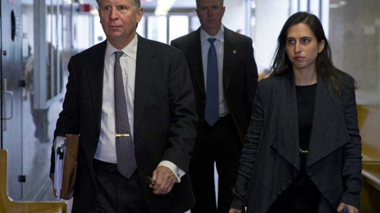 Manhattan District Attorney Cyrus Vance, left, arrives Friday, Jan. 30, 2015, for opening arguments in the murder trial of Pedro Hernandez, who confessed to abducting and killing Etan Patz in what became one of the most famous missing persons case in history.