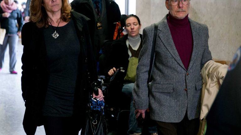 Stanley Patz, right, father of Etan Patz, arrives with his daughter, Shira, center, Friday, Jan. 30, 2015, for opening arguments in the murder trial of Pedro Hernandez, who confessed to abducting and killing Etan Patz in what became one of the most famous missing persons case in history.