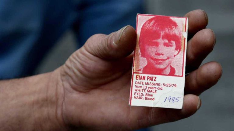 George Safee of Brooklyn holds a 1985 milk carton image of Etan Patz saved by his wife Gigi for 27 years near the scene where young Etan Patz is now thought to have been abducted in 1979 as walked to the school bus. 