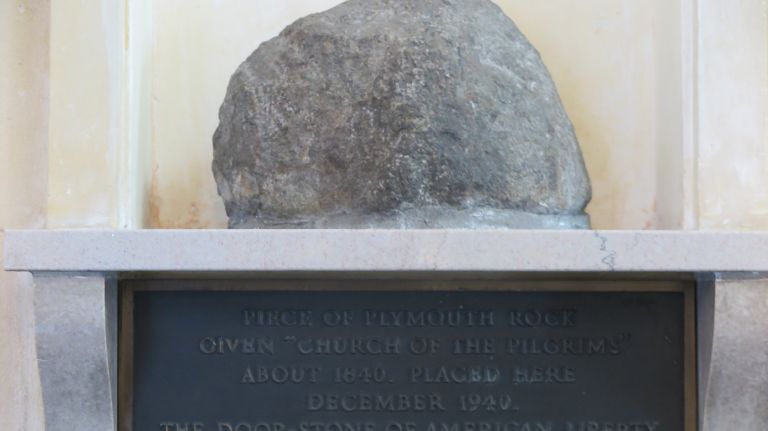 In the same gallery, you can touch a piece of Plymouth Rock that is mounted to the wall. It was given to the church in 1940 after the actual rock had to be moved back from the water. As it was moved, pieces of it fell off and were taken. Since the congregation was founded by members of the original Plymouth church, it is history from its very beginning.