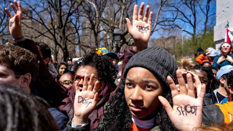 Students called for changes to gun laws and were encouraged to register to vote.