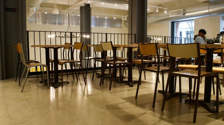 A large seating area can be found upstairs, with tables for groups and counters for solo diners.